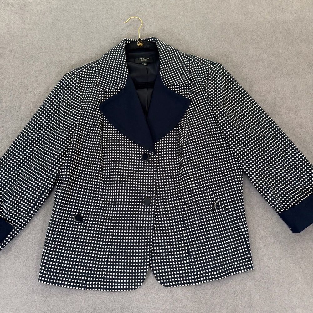 Talbots Women’s Blazer/Suit Jacket Navy and White Polka Dot-Solid Cuffs-14W
